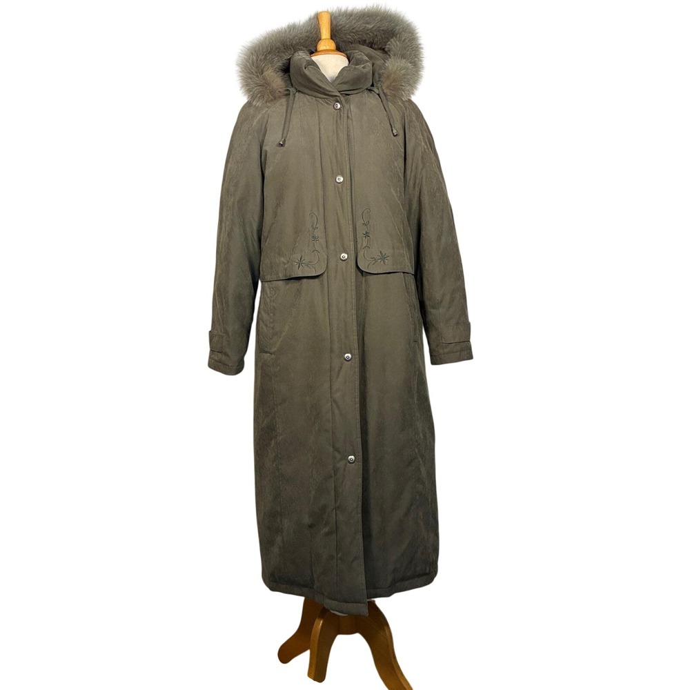 Vintage Utex Design Puffer Coat Long Parka faux fur trim hood M Olive Green 90s
